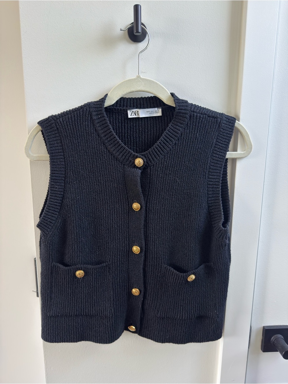 Zara Black Sleeveless Button-Front Knit Vest with Gold Buttons